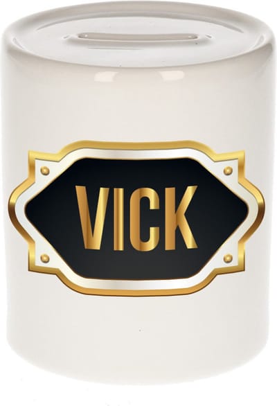 Spaarpot met voornaam Vick - wit - met goud/zwart embleem - 8 x 9 cm - keramiek - met afsluitdop - cadeau verjaardag
