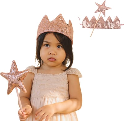 Joya Kids® Luxe Verkleed Glitter Kroon en Staf Accessoires Rose Goud | Paillet Verkleedset Kroontje | Prinses Set met Fluweel | Unicorn Prinsessen | Meisje Verkleedset | Carnvalskleding Meisjes | Luxe Uitgave Rosegoud