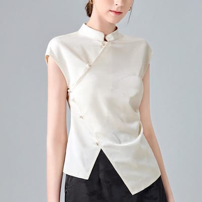 Nieuw Chinees overhemd met opstaande kraag voor dames Nieuwe dames top met onregelmatige zoom Retro schuine knoop taille S white