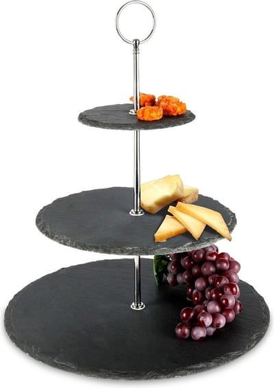 Etagère Steen Zwart met 3 Verdiepingen 31 cm - Serveertoren - Taartplateau - Cupcakestandaard - Taartstandaard