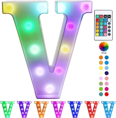 Lichtgevende Letter V - 22 cm - RGB Met Afstandsbediening