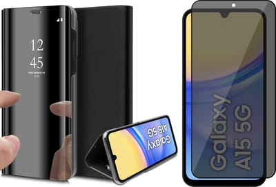 Hoesje geschikt voor Samsung Galaxy A15 - Privacy Screenprotector Volledig Dekkend Glas - Spiegel Book Case Zwart