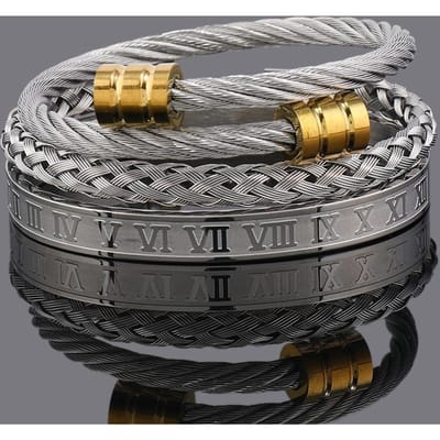 Ensemble de 3 bracelets pour homme en acier inoxydable de luxe, bracelets à chiffres romains, bijoux pour femme, cadeau pour couple black