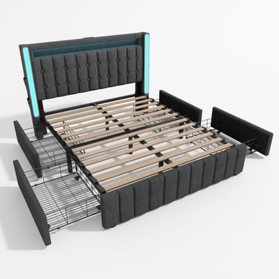 Gestoffeerd bed met USB Type-C-oplaadpoort, ledverlichting en 4 lades; tweepersoonsbed van 140x200 cm met opbergruimte; bedframe; lattenbodem van hout; grijs (matras inbegrepen).
