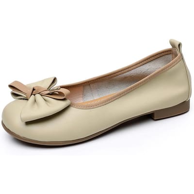 Echt Leer Zachte Zool Moederstijl Dames Enkelvoudige Platte Lente en Herfst Strikken Ondiepe Mond Comfortabel en Antislip Doudou 43 beige