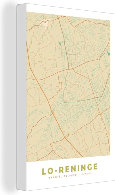 Canvas Schilderij België - Lo-Reninge - Plattegrond - Kaart - Stadskaart - 20x30 cm - Wanddecoratie