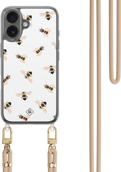 Casimoda® hoesje met koord - Geschikt voor iPhone 16 - Bee Happy - Afneembaar koord - TPU/polycarbonaat - Zwart