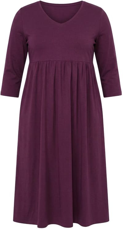 Ulla Popken - Dames - Jersey jurk empirenaad V-hals 3/4-mouwen zakken - Nougat bruin - Maat 50+