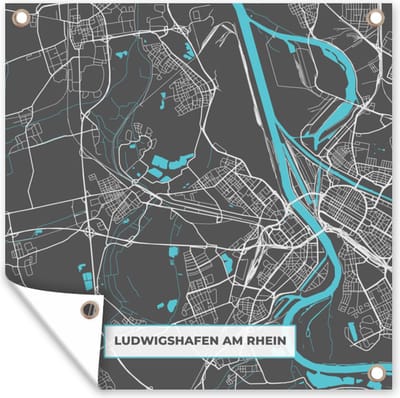 Tuin poster Plattegrond – Ludwigshafen am Rhein – Blauw – Stadskaart – Kaart - Duitsland - 200x200 cm - Tuindoek