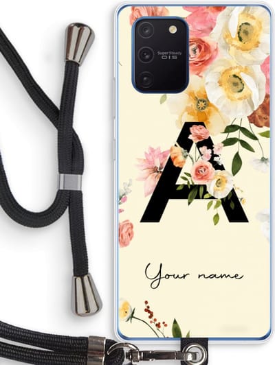 Gepersonaliseerd - Case Company® - Hoesje met koord geschikt voor Samsung Galaxy Note 10 Lite hoesje met Koord - Flirty Flowers Monogram - Telefoonhoesje met Zwart Koord - Bescherming aan alle Kanten en Over de Schermrand