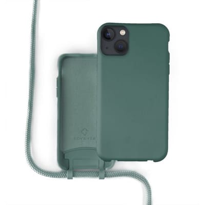 Coverzs Silicone case met koord - Telefoonhoesje met koord - Backcover hoesje met koord - touwtje - geschikt voor Apple iPhone 13 - donkergroen