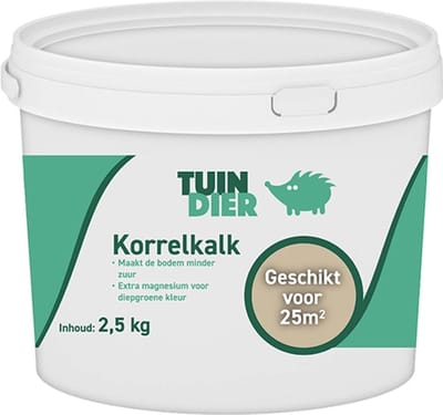 Korrelkalk | TUIN-DIER® | Korrel kalk | Kalk gazon, planten en moestuin| In handige bewaaremmer | 2.500 gram | 2.5 kilogram