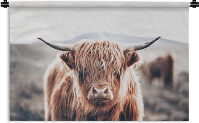 Wandkleed - Wanddoek - Schotse Hooglander - Berg - Hoorn - 90x60 cm - Wandtapijt