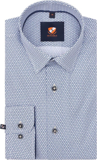 Suitable Overhemd Print Bloemen Blauw 267-9 - Maat 39 - Heren - Casual Shirt