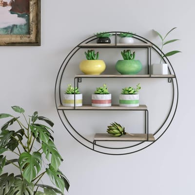 Rond wandrek, zwevend rek van hout en metaal, industriële wandplanken met 4 planken, voor woonkamer, badkamer, hal, Ø 55,3 x 15 (D) cm HMTM-121