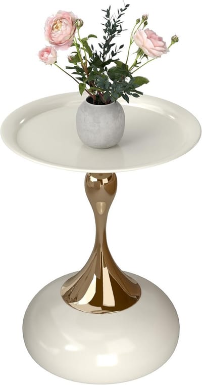 Ronde Bijzettafel 40 cm - Modern Design - Beige met Gouden Frame - Ideaal als Salon- of Balkontafel