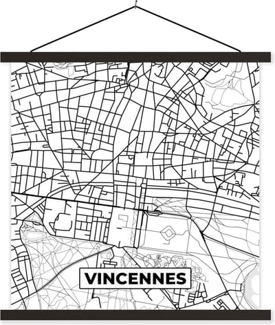 Posterhanger incl. Poster 60x60 cm - Schoolplaat - Frankrijk – Vincennes - Plattegrond – Stadskaart – Kaart - Zwart wit - Textielposter - Zwarte latten - Stadskaart