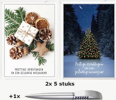 Pakje 10 Luxe Kerstkaarten met Enveloppen - Set van 2x5 stuks - Inclusief 1 luxe blauwschrijvende Pen