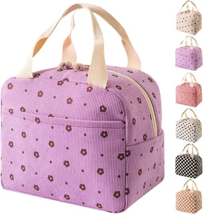 Herbruikbare lunchtassen voor dames - grote geïsoleerde lunchbox met vakken, lichtgewicht draagtas voor werk, reizen, strand en dagelijks gebruik, bloem - paars