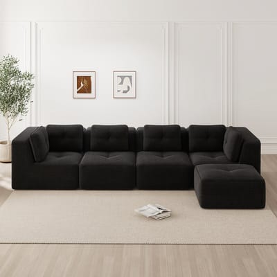 DESMIU Hoekbank 386 x 177 cm - Modulaire 4-Zits Met Diepe Zitting En Zonder Montage - Voor Woonkamer - Corduroy - Zwart