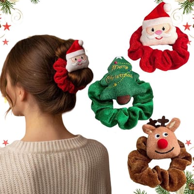 3-Pack Kerst Haaraccessoires Set: Velvet Hobbels, Elastische Haarelastiekjes & Feestelijke Haarringen
