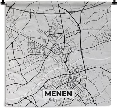 Wandkleed - Wanddoek - Stadskaart – Plattegrond – België – Zwart Wit – Menen – Kaart - 180x180 cm - Wandtapijt
