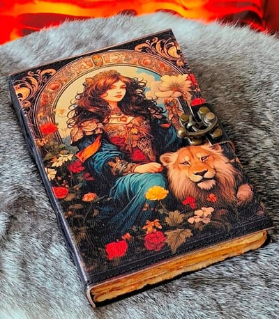 Prinses met Leeuw Leren Dagboek - Leren Journal - Fantasie Notitieboek van Leer - 18x13cm - Mooie UV-print - Handgemaakt