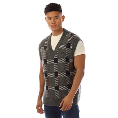 Heren Fred Perry Glitch Tartan gebreide tanktop in grijs
