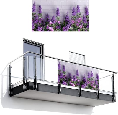 Balkonscherm 200x110 cm - Balkonposter Bloemen - Planten - Paars - Groen - Wit - Balkon scherm decoratie - Balkonschermen - Balkondoek zonnescherm