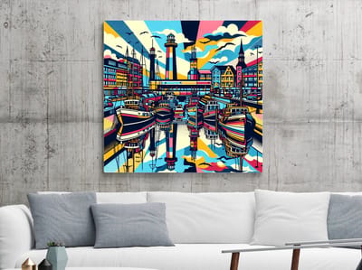 Pop art haven schilderij | Havens van kleur: een bruisende ode aan de pop-art | Kunst - 60x60 centimeter op Canvas | Foto op Canvas
