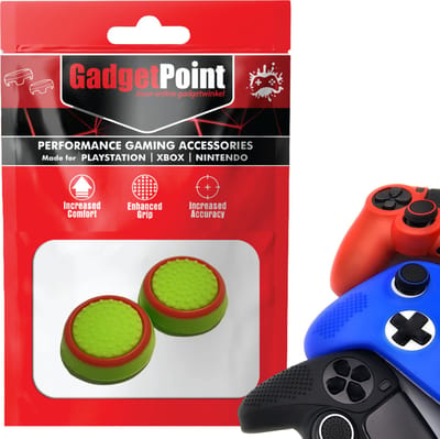 Gadgetpoint - Thumb Grips voor PlayStation, PS5, Xbox X/S, One & Switch Pro Controller - Gaming Thumbgrips - Performance Anti-Slip Thumbsticks - Bescherming Accessoires - Groen met rode cirkel