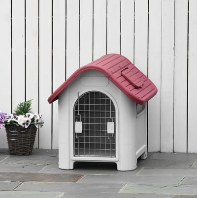 MEUNIQ Hondenhok voor buiten 75 x 59 x 66 cm met verstelbare dakluik, deur en ventilatie, kunststof hondenhuis met verhoogde bodem voor kleine tot middelgrote honden, rood