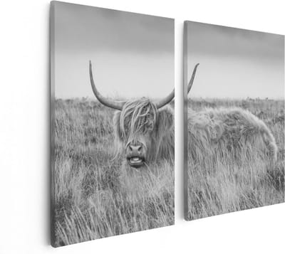 Artaza Canvas Schilderij Tweeluik Schotse Hooglander Koe - Zwart Wit - 80x60 - Foto Op Canvas - Canvas Print