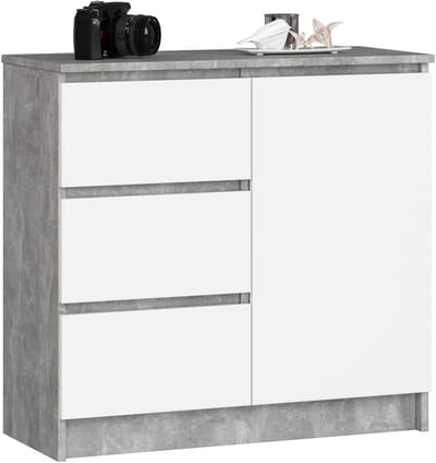 Ladekast JERRY met 3 Lades en 2 Deuren / AKORD Furniture Factory / Beton Grijs - Wit / 80 x 77 x 35 cm