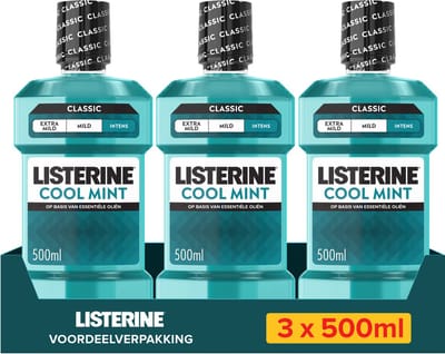 Listerine Cool Mint Mondspoeling, Met Essentiële Oliën, Tegen Slechte Adem en Tandplak, Intense Muntsmaak, 3x500 ml