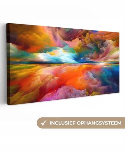 Canvas - Olieverf - Schilderij - Wolken - Regenboog - Abstract - 40x20 cm - Schilderijen op canvas - Muurdecoratie
