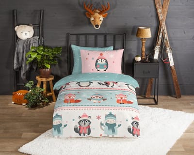 Good Morning dekbedovertrek dieren met sjaal en muts - 1 persoons 140x200/220 cm - Multi - 100% Katoen flanel