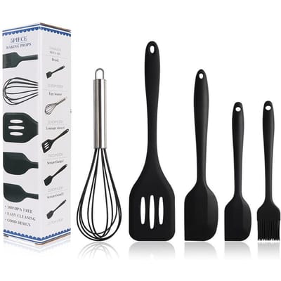 Ensemble d'outils de cuisson résistants à la chaleur, poignée en acier inoxydable, ustensiles de cuisine en Silicone, pelle à poêle antiadhésive, outil de cuisson de cuisine 5 pièces/1 ensemble 5PC/Set noir