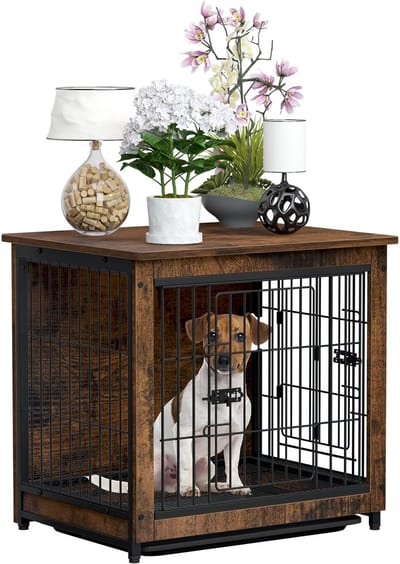 Bingopaw Houten Hondenkrat Meubilair - Kleine Decoratieve Houten Top Binnenhuis Huisdierkennel Kooi Eindtafel - met Dubbele Deur en Uitneembare Dienblad voor Kleine Puppy Kat Rustiek Bruin - 63x48.5x59cm