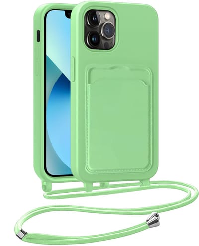 Hoesje Geschikt voor iPhone 13 Pro Hoesje Met Telefoonkoord en Pasjeshouder Siliconen - Hoes Geschikt voor iPhone 13 Pro Hoesje Met Kaarthouder Case - Groen