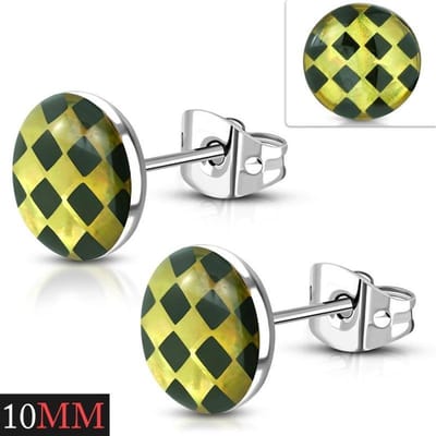 Aramat Jewels | Oorbellen | RVS Logo Oorknoppen- Stoere Oorstekers | 10mm / Geruit-3D-Geel-Zwart | |7mm | Staal | Kinderen, Volwassenen | Verkleurd niet