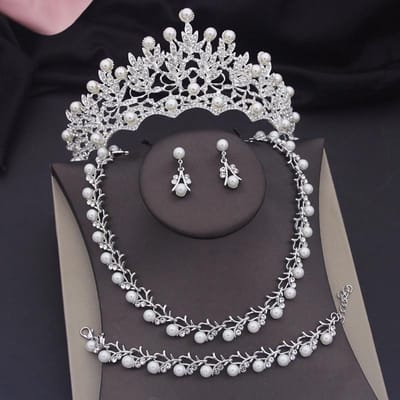 Ensembles de bijoux de mariée de luxe en perles pour femmes, diadèmes, bracelets, colliers, couronnes de mariage, accessoires gray