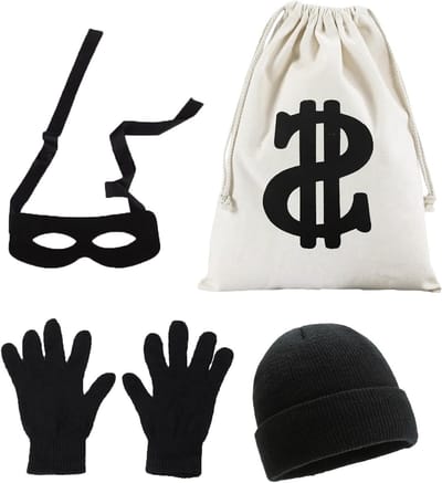 Verkleedset voor bankovervallers, diefstal kostuum voor kinderen en volwassenen, inclusief masker, hoed, handschoenen en geldzak voor carnaval en themafeesten