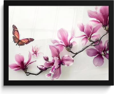 Poster in lijst - Fotolijst 40x30 cm - Posters - Bloesem - Vlinder - Roze - Natuur - Wit - Posterlijst zwart - Wanddecoratie badkamer - Muurdecoratie WC - Decoratieve accessoires - Toilet muur decoratie