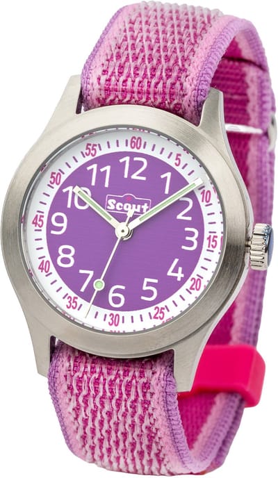 Scout Kinderuhr analog aus der Serie "Cool" mit rosa pinkem Textilband, Quarzwerk und Klettverschluss