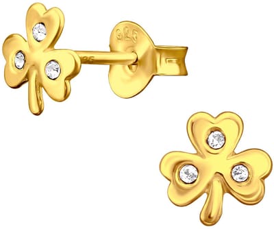 Joy|S - Zilveren klaver oorbellen - 6 x 7 mm - kinderoorbellen met kristalletjes - gold plated - goudkleur