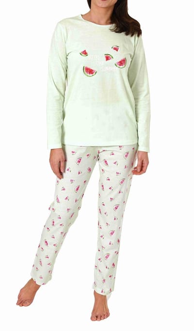 Lieve lange pyjama voor dames met meloenmotief, pyjamabroekje all-over bedrukt