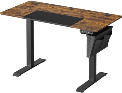 Elektrisch verstelbaar bureau 60×120×72-120 cm vintage bruin + zwart hoogte verstelbaar met geheugenfunctie 4 instellingen samengesteld tafelblad met zij-opbergzak en haken stabiel en geluidsarm geschikt voor kantoor thuiswerken of studeren
