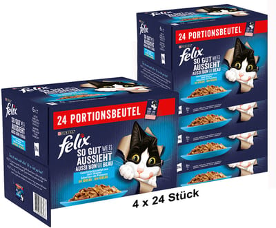 Felix Katten natvoer, verschillende smaken van het water in gelei, Adult, Multipack (4 x 24 x 85g)