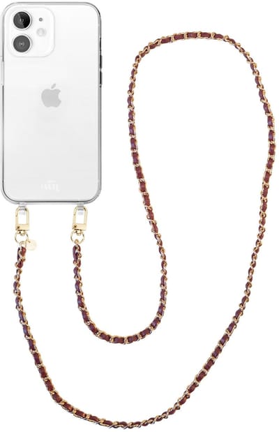 xoxo Wildhearts siliconen hoesje geschikt voor iPhone 11 - Classic Chain - Burgundy (lang koord) - Telefoonhoesje - Hoesje met koord - Schakelketting - Lang telefoonkoord - Bordeaux rood met goud - Transparant hoesje